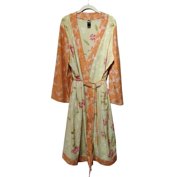 Cabernet Woman Plus Sz 1X Floral Kimono Robe Orange Green Butterfly Art To Wear - Picture 2 of 11